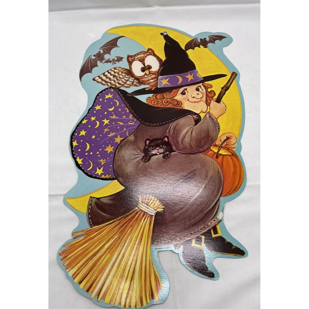 Vintage Halloween Die Cut Decoration Witch on Broom Owl Pumpkin Bats 16”